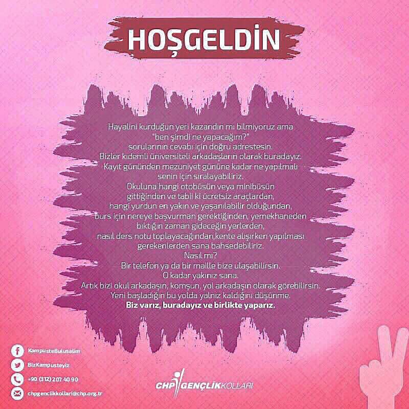 Her ilde üniversite olduğu gibi CHP Gençlik Örgütleri de var. 
 
Arayın, yazın ya da etrafınıza bakın. Kayıttan mezuniyete, yanınızdayız.