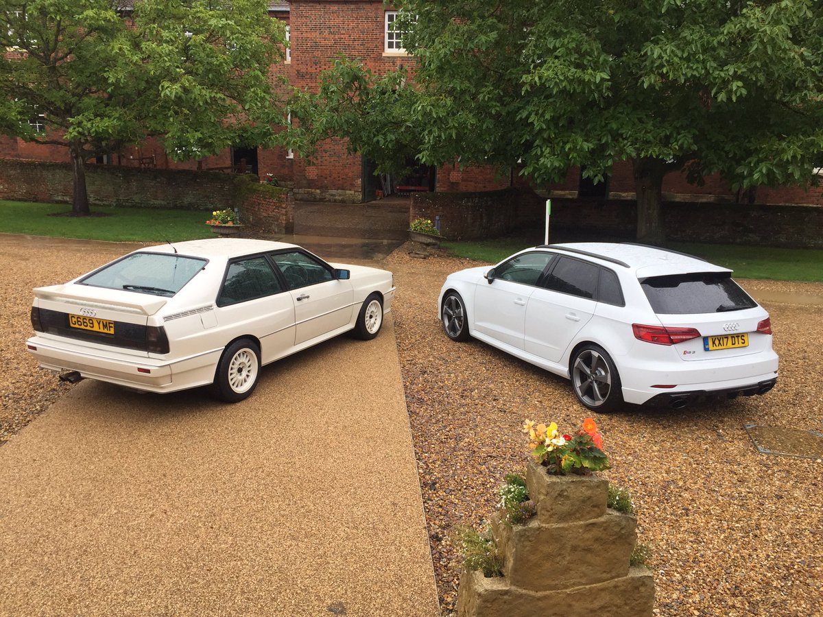 AudiUKPress's tweet photo. Running in the family – Our quattro 20V meets the latest 5-cylinder Audi (now with 400PS) & its modern-day Coupé counterpart #NewRS3 #NewRS5 https://t.co/1emYQGFVEL