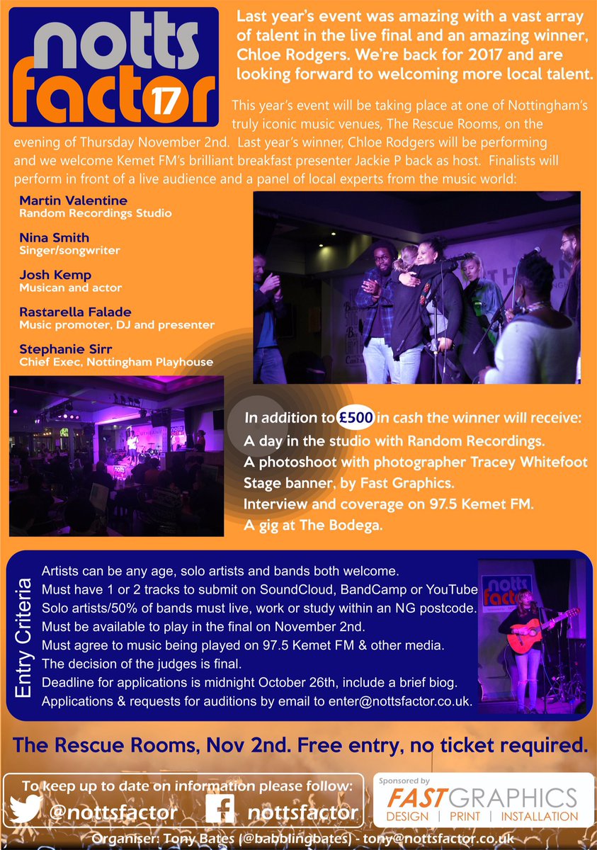 NottsFactor's tweet image. Entries for #NottsFactor17 are open! Live, work or study in Notts, then send links to 1 or 2 tracks to enter@nottsfactor.co.uk