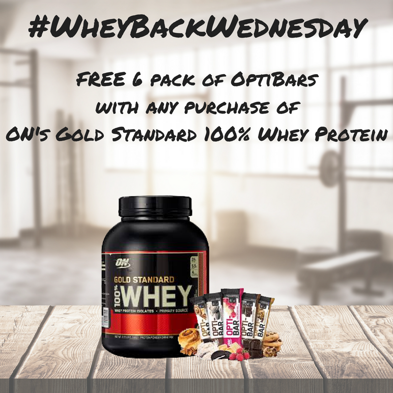 FitnessFirstUSA's tweet photo. #WheyBackWednesday FREE 6 pack of OptiBars with the purchase of ON's Gold Standard 100% Whey Protein! https://t.co/nWOy5YQg9g https://t.co/OcInvhI8Iu