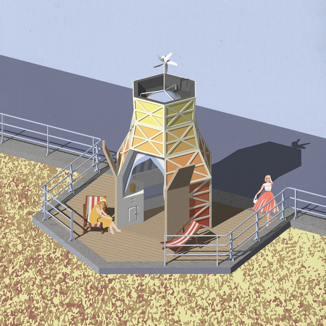 Projects_Office's tweet image. We're dreaming of the seaside on this gloomy, wet day. Here's our proposal for a beach hut/power station that generates power to make tea.