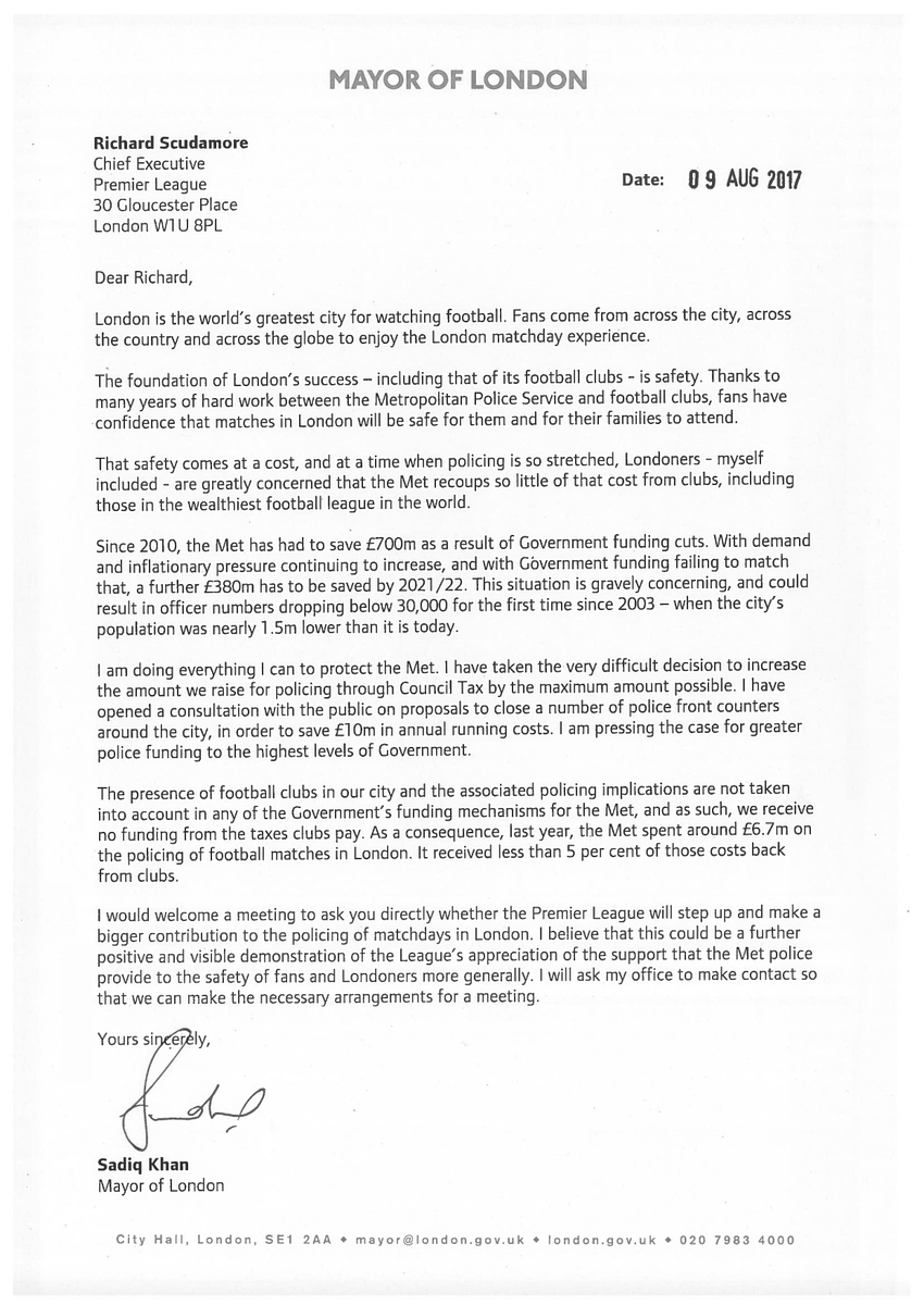 SadiqKhan's tweet photo. With @MetPoliceUK having to save £700m due to Govt cuts, I'm calling for a bigger @PremierLeague contribution towards matchday policing. https://t.co/3nNEDUsgi1