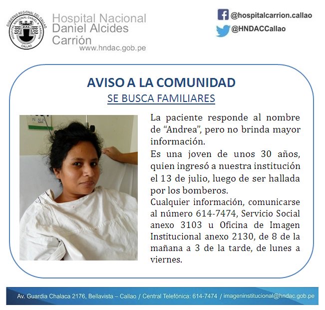 #ServicioSocial Se busca familiares de paciente "NN", internada en el <a href="/HNDACCallao/">HNDAC</a>