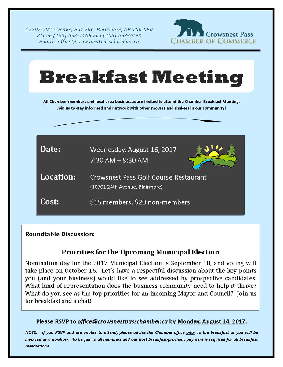 Join us for breakfast on Wednesday, August 16. #crowsnestpass #letstalkpolitics