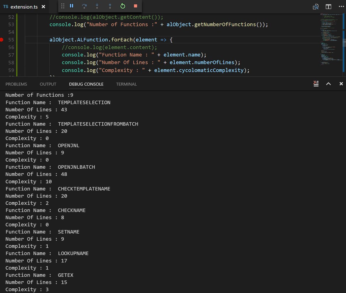 marije_brummel's tweet image. Moving Forward. Calculating #NumberOfLines &amp;amp; #CyclomaticComplexity of a #DynDev365 object with my own @code #Extension. #TypeScript #Fun