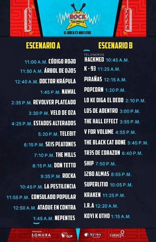 Orbitarock's tweet photo. 🔥🔥Por fín los horarios de los shows del #DiadeRockColombia - 12 de agosto 🔥🔥
#ElRockesNuestro
#Imperdible  https://t.co/68ExNb4U86 https://t.co/BPYp6dnMVK