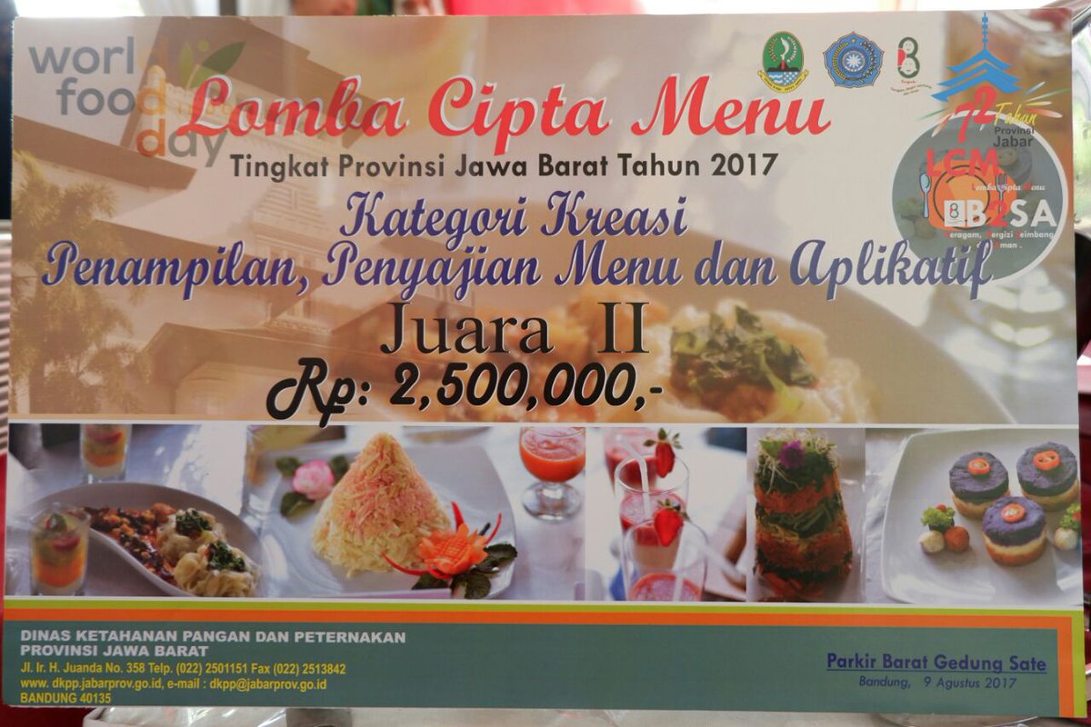 dkpp_bdg's tweet photo. @ridwankamil @OdedMD @yossiirianto,Kota Bdg meraih Juara 2 Lomba B2SA Tk.Jabar Th.2017,Kategori Kreasi Penampilan,Penyajian Menu &amp; Aplikatif https://t.co/EfCTrscEzB