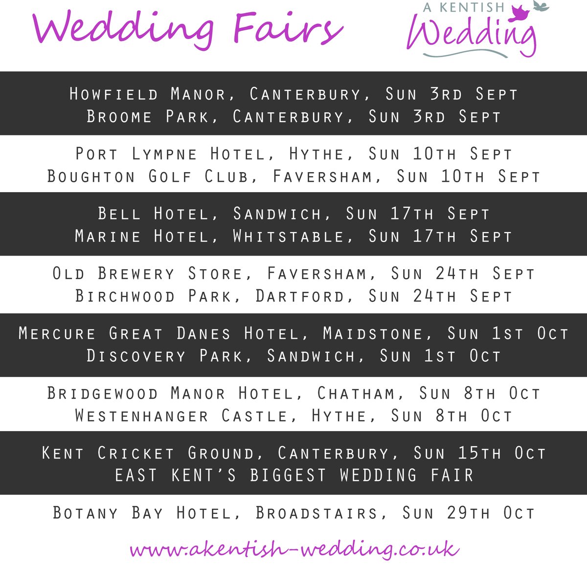 akentishwed's tweet photo. Upcoming Wedding Fairs @marinetankerton @Howfield_Manor @BroomeParkGolf @BoughtonGolf @PortLympneHotel @BellSandwich @Birchwood1 https://t.co/wdQ13t3tGJ