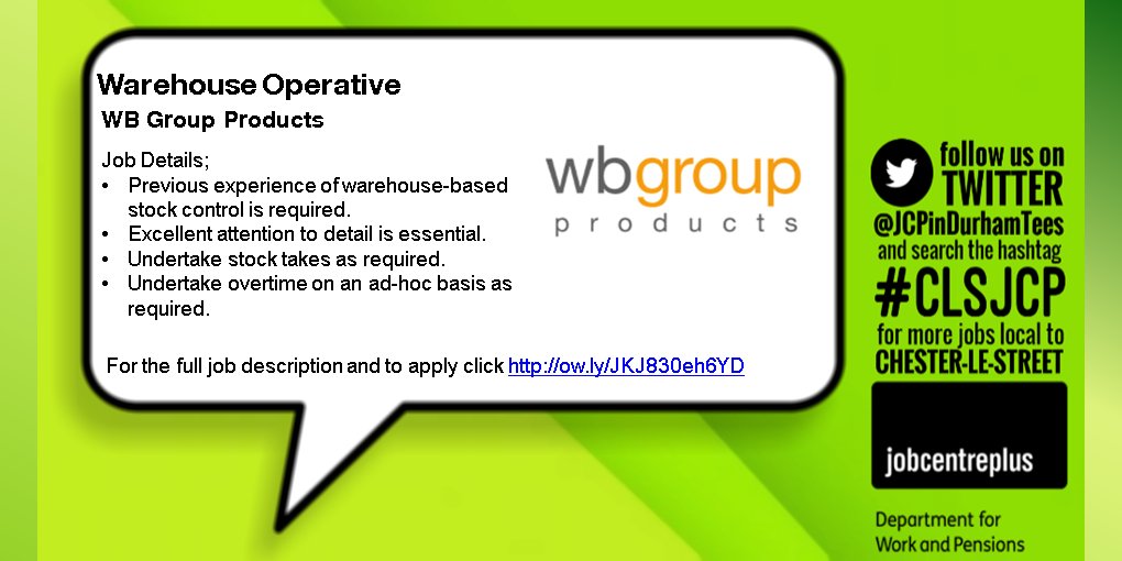 FT Warehouse Operative required <a href="/WBGroupProducts/">WB Group</a> in #ChesterLeStreet for full job details &amp; to apply click ow.ly/JKJ830eh6YD #CLSJCP