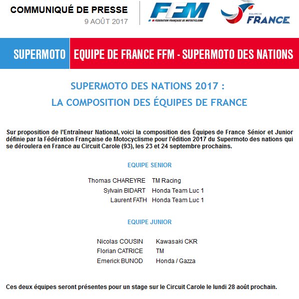La sélection du Supermoto des Nations vient de tomber! C'est à suivre sur le circuit Carole les 23 &amp; 24 septembre prochain. #TeamFrance
