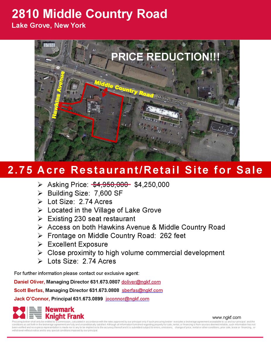 LongIslandCRE's tweet image. 2.75 Acre Restaurant/Retail Site for Sale just reduced to $4,250,000. Lake Grove, NY
Contact Dan Oliver 631-673-0807 or doliver@ngkf.com