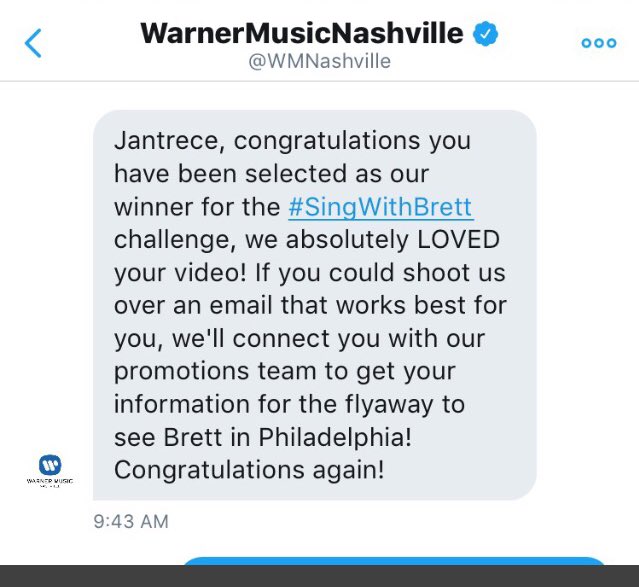just_jan_jan's tweet photo. Omg! I WON the #SingwithBrett contest! Thank you so much @WMNashville and @bretteldredge for this opportunity! See you soon! 🙌🏽😍😊 https://t.co/AVirYKpufV