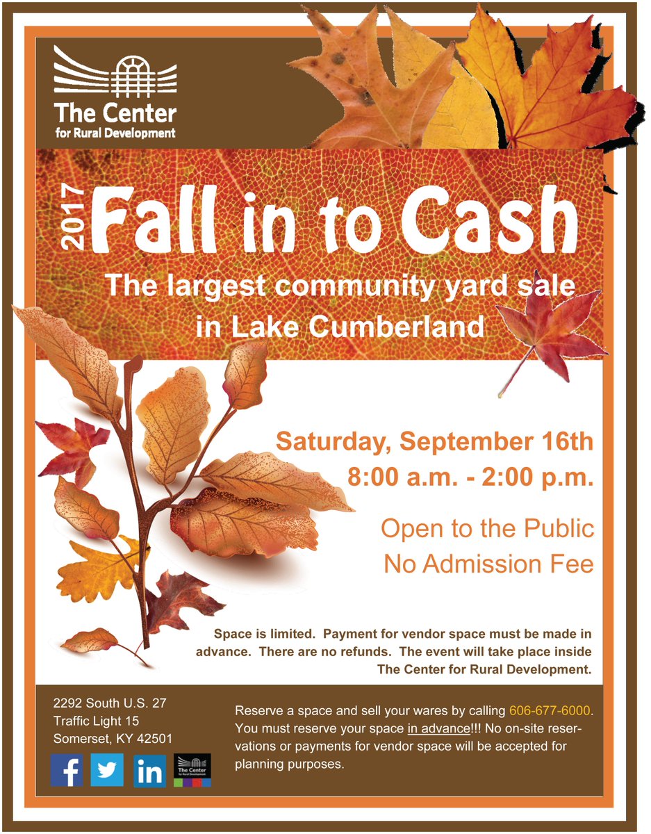 centertech's tweet photo. Have you reserved your space for our 2017 Fall into Cash community yard sale? Only $10 for one spot or $15 for two spots for individuals. https://t.co/c0KrrfR02n