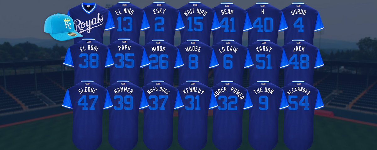Royals's tweet photo. El Niño, Papo, Bear. Introducing our #PlayersWeekend nickname jerseys for Aug. 25-27: https://t.co/Uy1K2sNQaz https://t.co/uOvUs5tTRk