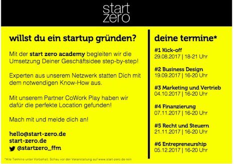 startzero_ffm's tweet photo. Dienstag 29.8: Jetzt anmelden! Kick-Off Feier #starzeroAcademy #frankfurt, mit keynote von @pherwarth &amp; @zi_news &amp; dem #ecosystem Netzwerk https://t.co/xaCVhFnQiu