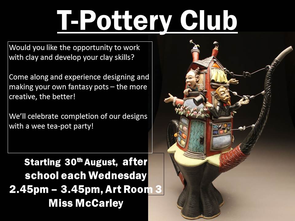 stniniansart's tweet photo. T-Pottery starts back up on Wednesday, all welcome!  Art Room 3, 2.40pm, see you there! #creativeclay @stninianshigh https://t.co/0vn2rvoDks