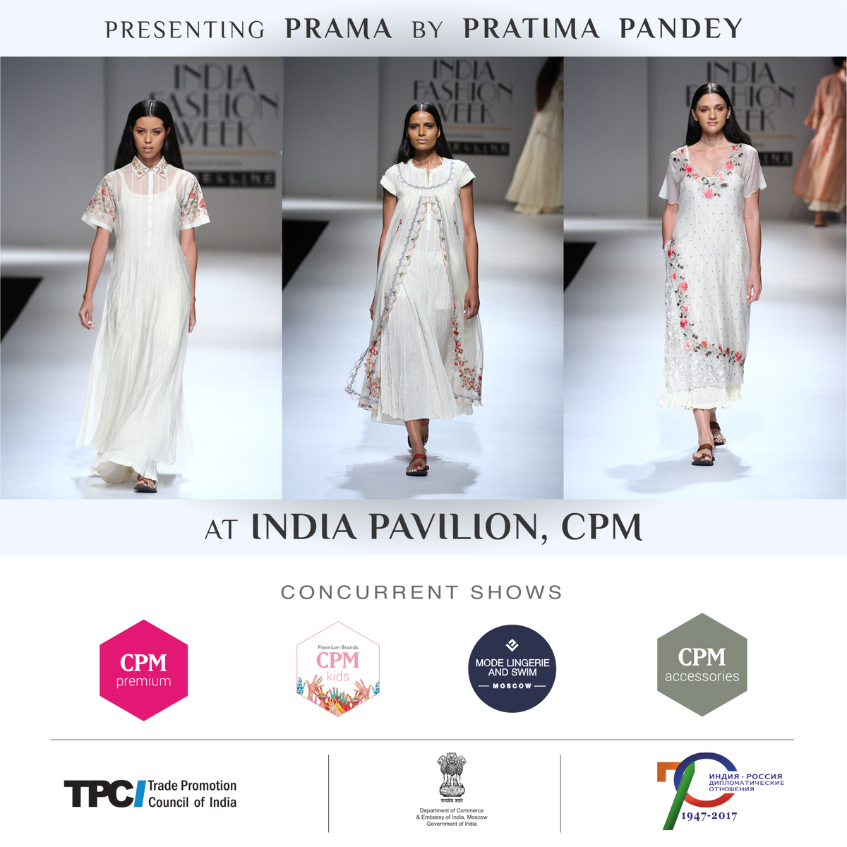 tpcifashion's tweet photo. Presenting ‘Prama’ by @pratimapandey , a beautiful and elegant collection showcasing in #IndiaPavilion at #CPMMoscow by @TPCI_ &amp; @DoC_GoI https://t.co/5yzMoanCEK