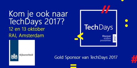 TechNetNL's tweet image. Rijksoverheid proud Gold sponsor of #techdaysnl. Check techdays.nl for info and tickets.