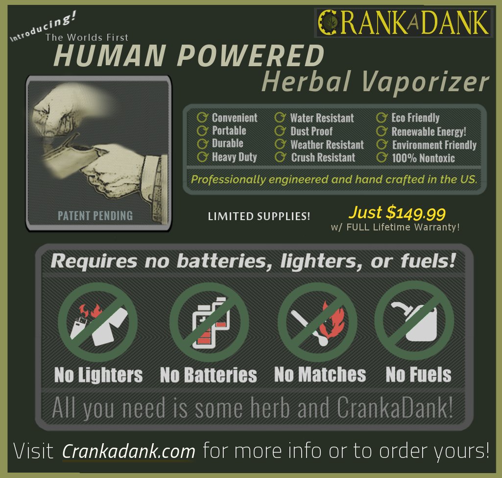 Introducing the worlds first human powered herbal #vaporizer CrankaDank! #marijuana #vape #weed #Cannabis

MORE: goo.gl/uegiAE