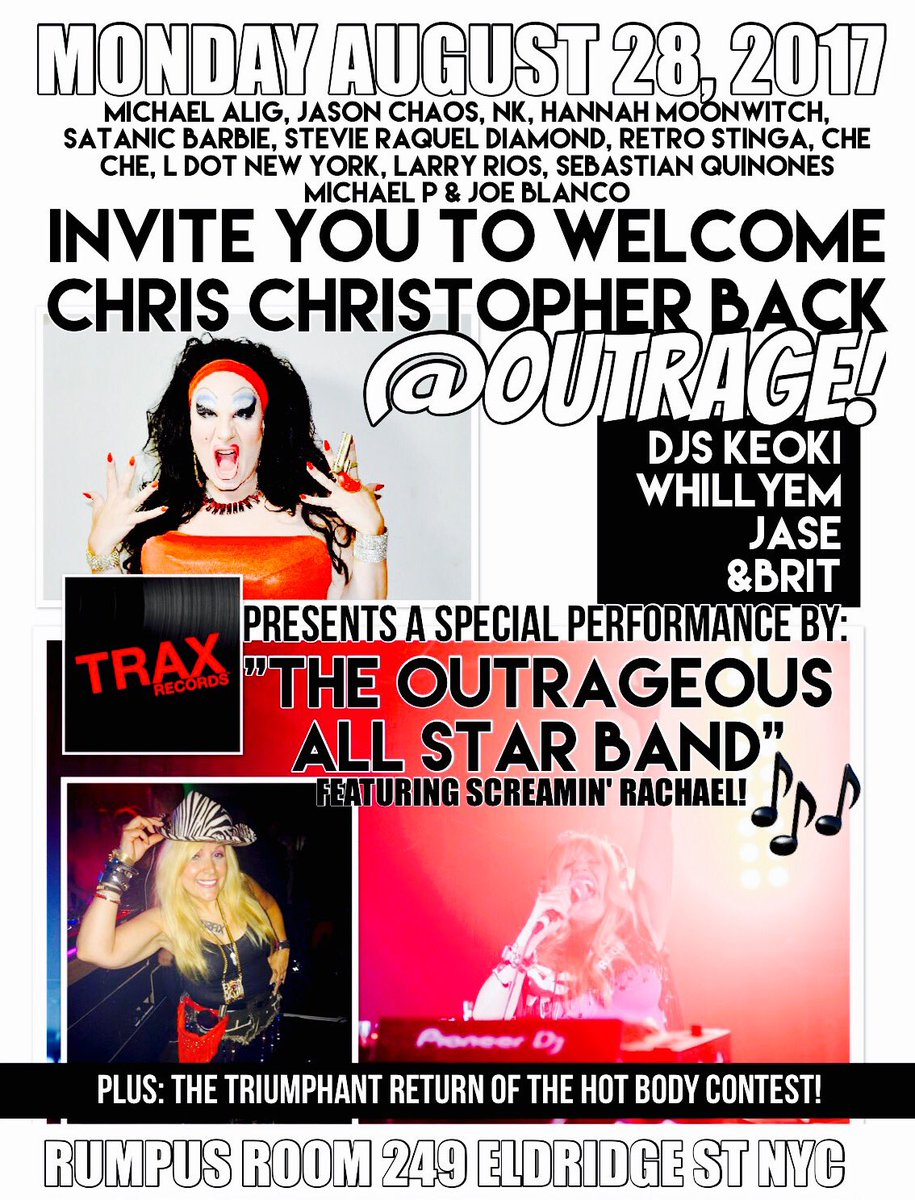 Alig_Aligula's tweet photo. Come see the @outragepartynyc All Star Band &amp; return of the #HotBodyContest on Monday @outragepartynyc @rumpusroomnyc #clubkid #partymonster https://t.co/ksn9dLR5Mq