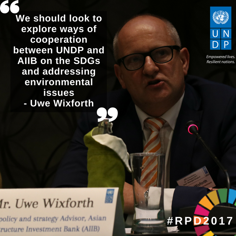 UNDPasiapac's tweet photo. Uwe Wixforth of @AIIB_Official emphasizes the potential for cooperation with UNDP on the #SDGs and #environmental challenges #RPD2017 https://t.co/P6YVTKw6YJ