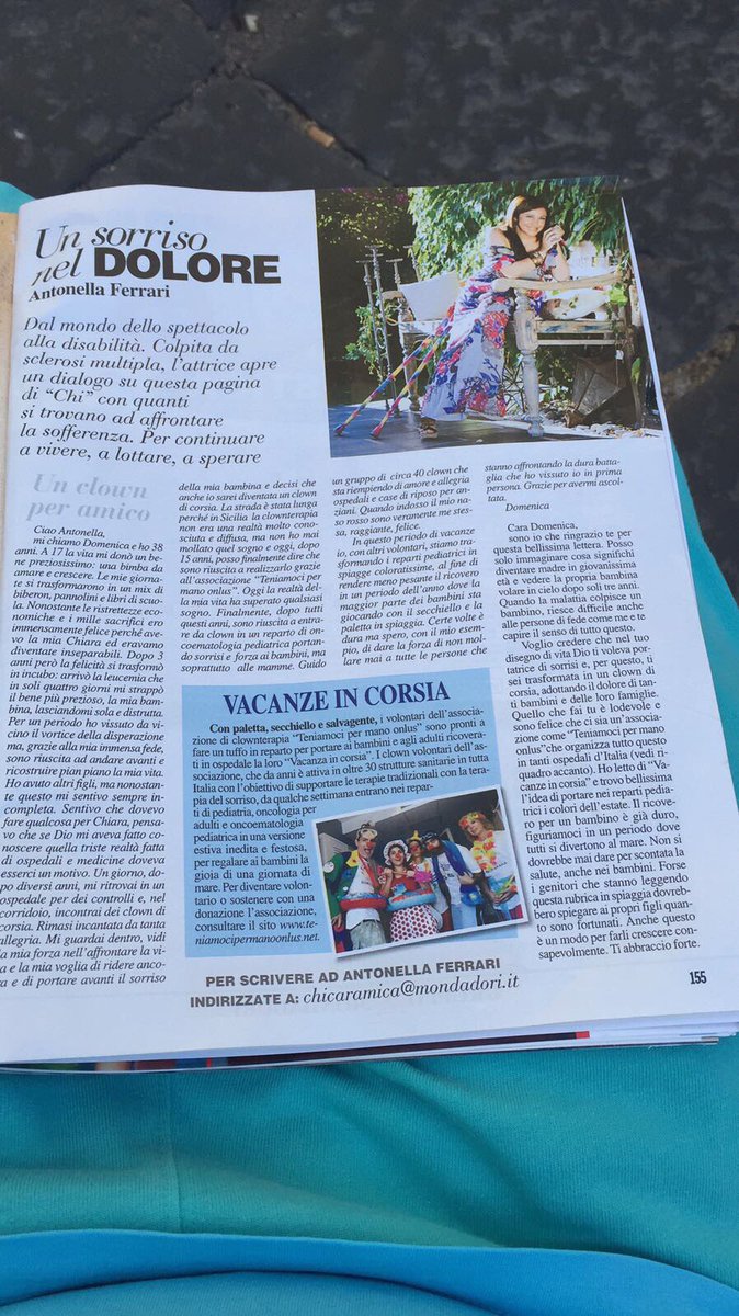 AnnamariaTortor's tweet photo. Oggi su CHI la mia associazione di clownterapia "Teniamoci per mano Onlus".
Pag.155
Grazie ad Antonella Ferrari e ad Alfonso Signorini❤️ https://t.co/BlUrBzuZ61