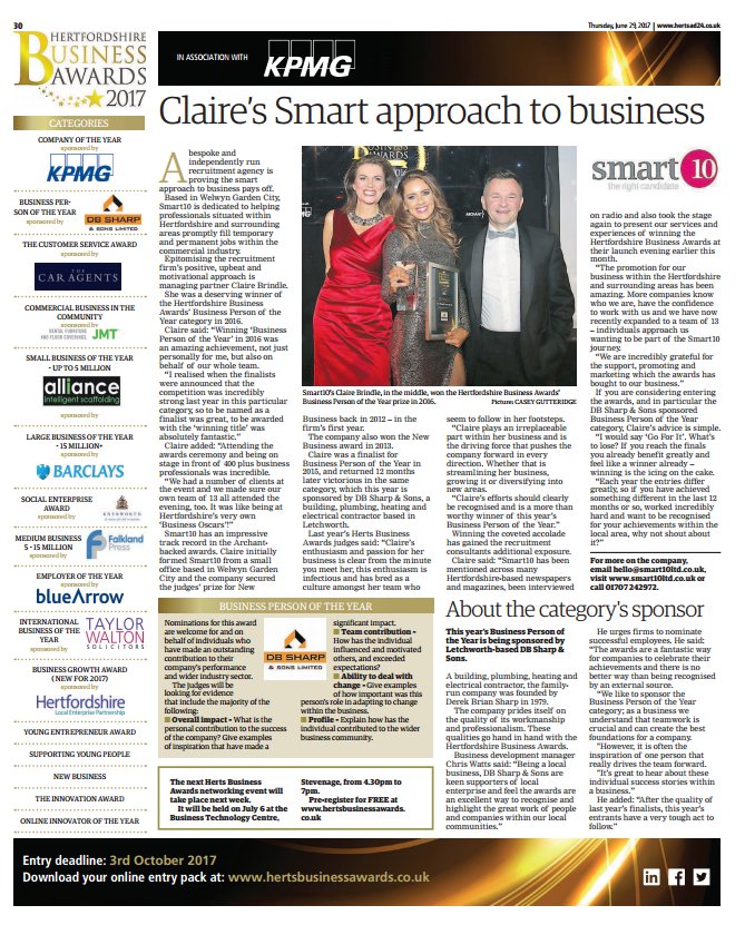 hertsbusiness's tweet photo. #TBT #ThrowbackThursday to #HBA16 with Business Person of the Year Winner - Claire Brindle - @smart10Ltd. Sponsored by @dbsharpandsons https://t.co/Ch6d1s4Epk