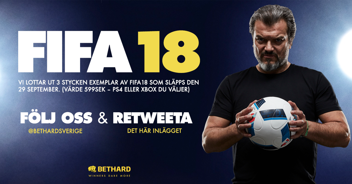 BethardSverige's tweet photo. 🎮  VI LOTTAR UT 3 ex AV FIFA18.

Allt du behöver göra att FÖLJA @bethard och RETWEETA detta inlägg.
Vinnaren utses 28 Augusti 15.00 https://t.co/T7y8ljTGqW