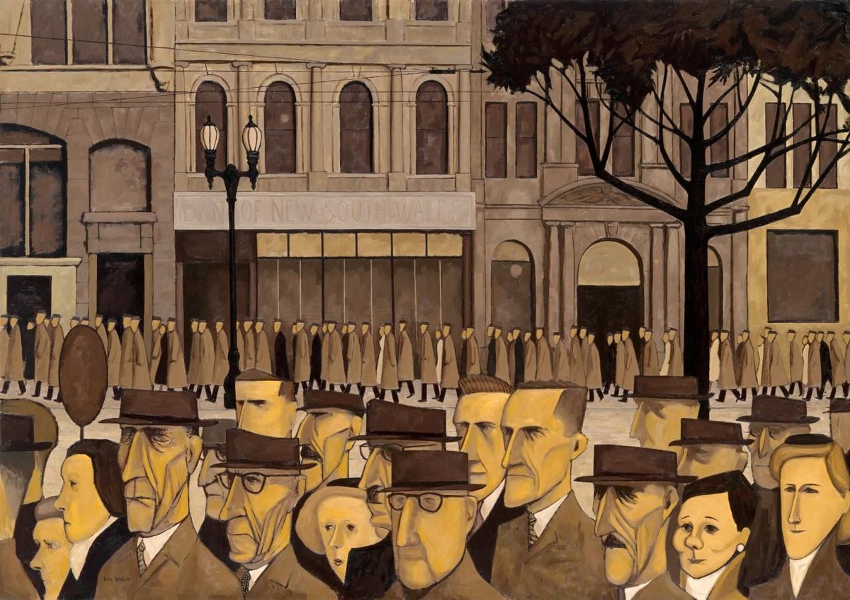 NGVMelbourne's tweet photo. Art imitating life. John Brack's Collins St, 5pm #commute #NGVCollection https://t.co/H4BZDRm2c8