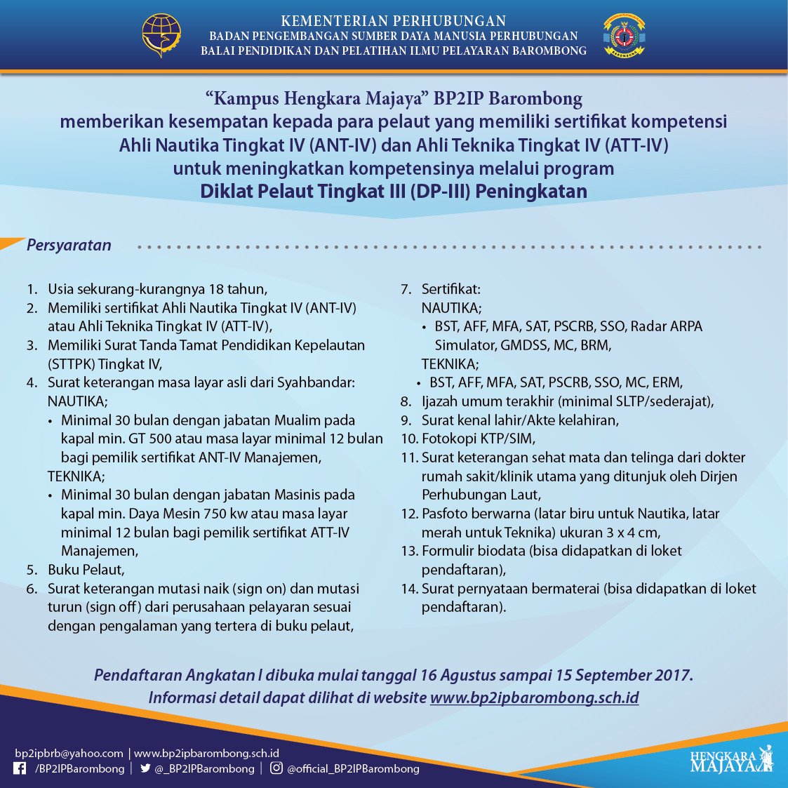 PoltekpelBrb's tweet photo. BP2IP Barombong membuka Program Diklat Pelaut Tingkat III (DP-III) Peningkatan. Untuk informasi lebih lengkap klik https://t.co/ztU7QcQ5sX https://t.co/ulAoHeTzVW