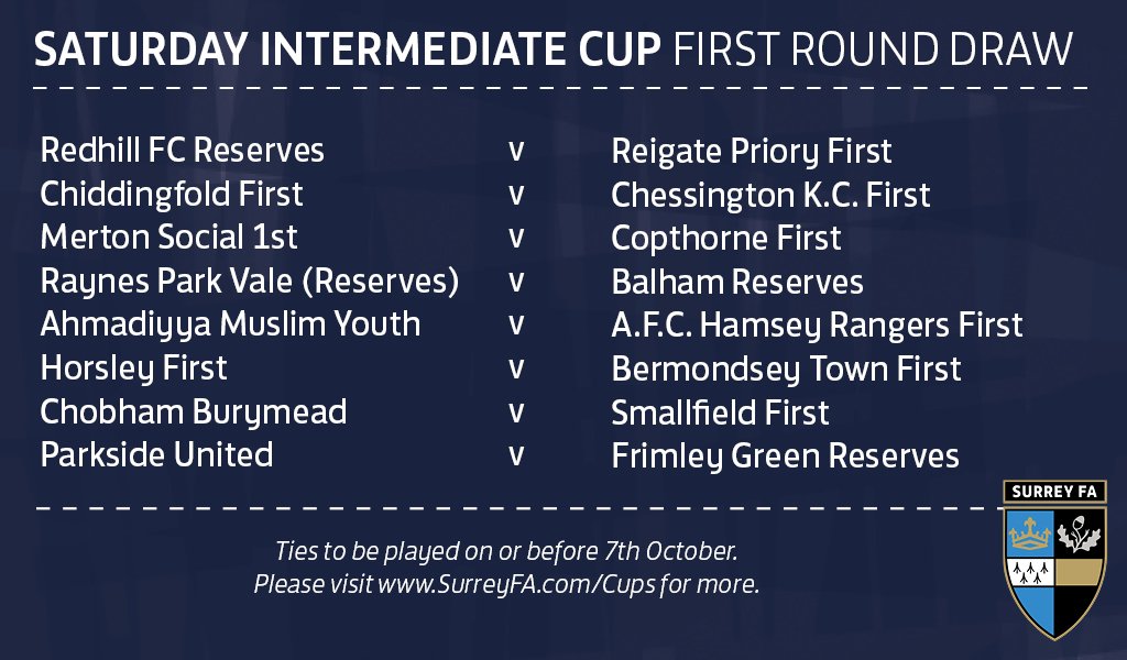 surreyfa's tweet image. 🏆 The first-round draw for the Saturday Intermediate Cup is out! Can holders @ChessingtonKCFC head to @ChiddingfoldFC and get a result?