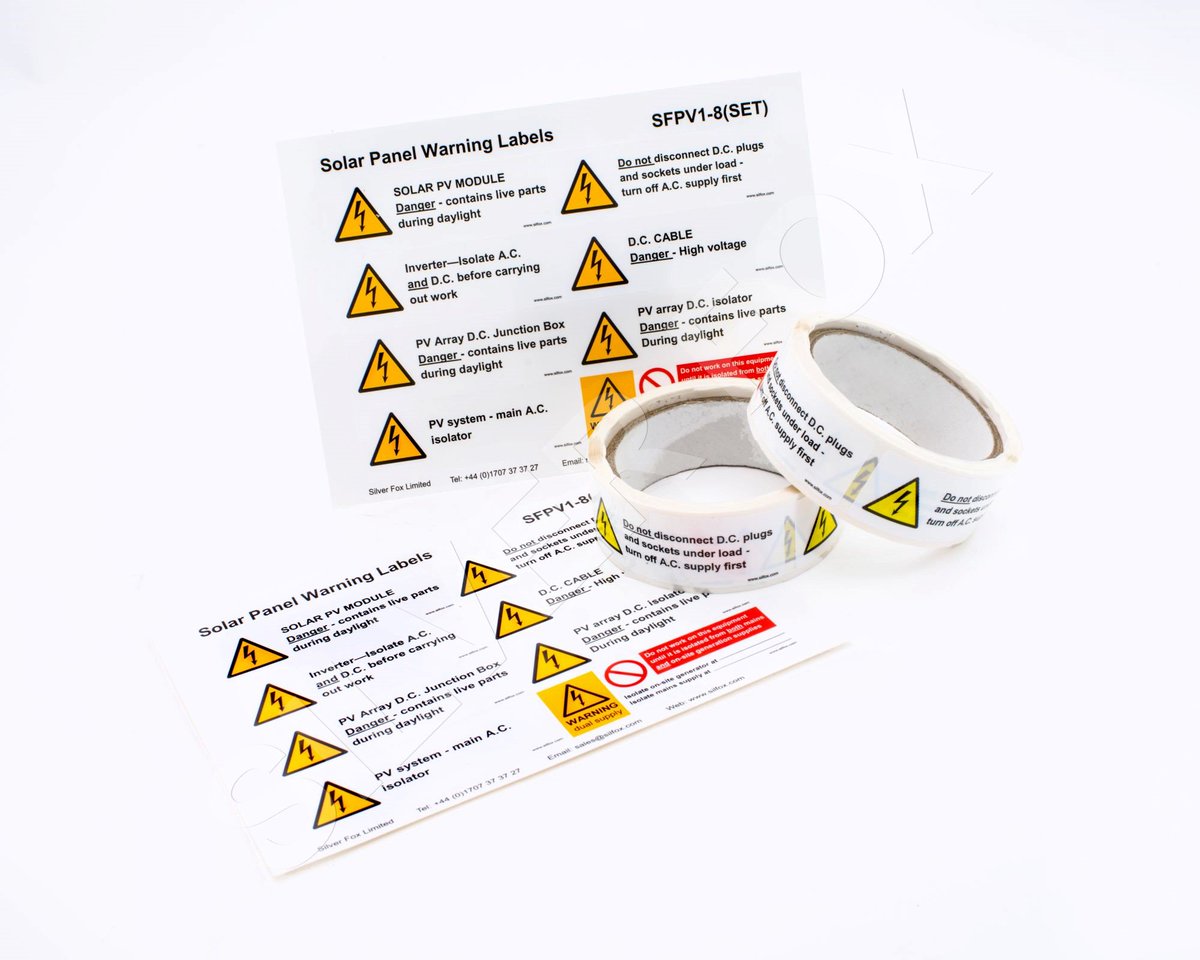 SilverFox's tweet photo. Designed for use on Solar PV system installations, pre-printed warning labels produced to comply with DTI guidelines
#HassleFreeLabelling https://t.co/YUMtQ2ccR5