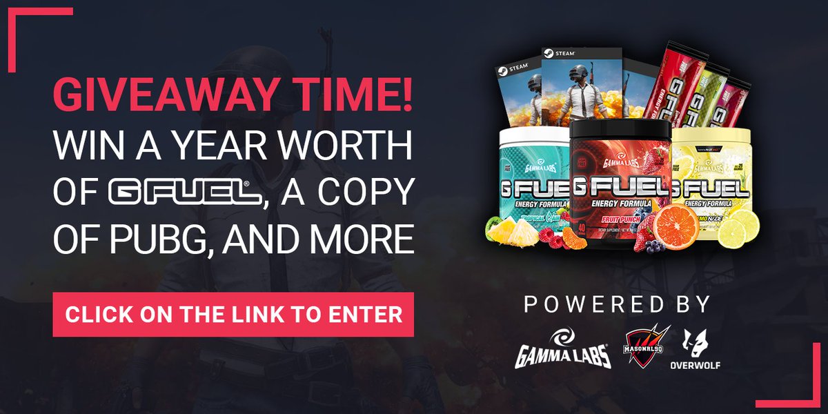 Win a year worth of #GFUEL, #PUBG copies and more! 🎁🙌
Enter the giveaway here: bit.ly/2wtNKQU

Powered by <a href="/GFuelEnergy/">G FUEL®</a> &amp; <a href="/MasonRL90/">Mason</a>