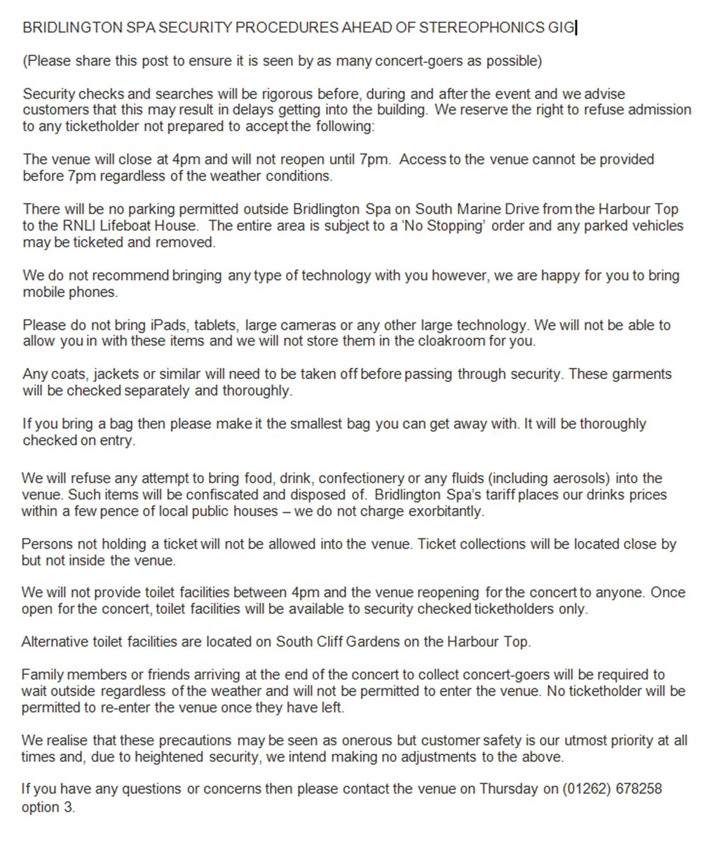 bridspa's tweet image. Please RT. Security information ahead of the Stereophonics gig on Wed 23 Aug.  This can also be read online at bridspa.com/stereophonics