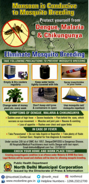 NMCDCommisioner's tweet photo. North Delhi Municipal Corporation appeals to all residents of #Delhi to protect yourself from #Dengue, #Malaria &amp; #Chikungunya @PMOIndia https://t.co/fasvTNzk3j