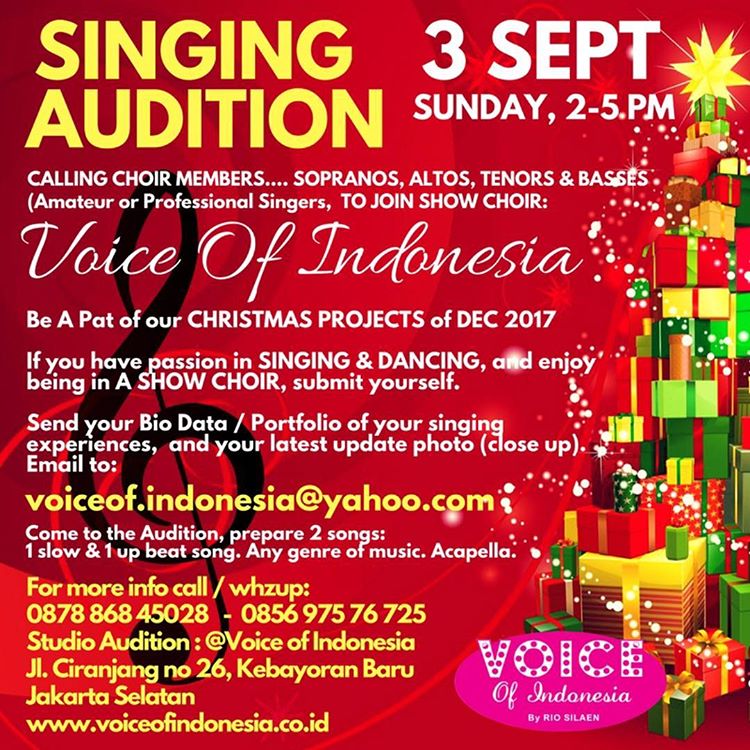 AUDISI NYANYI utk sgala usia. Join VOICE of INDONESIA - Performing Arts. Sing, Dance, Act. MINGGU, 3 SEPT. Cek info!