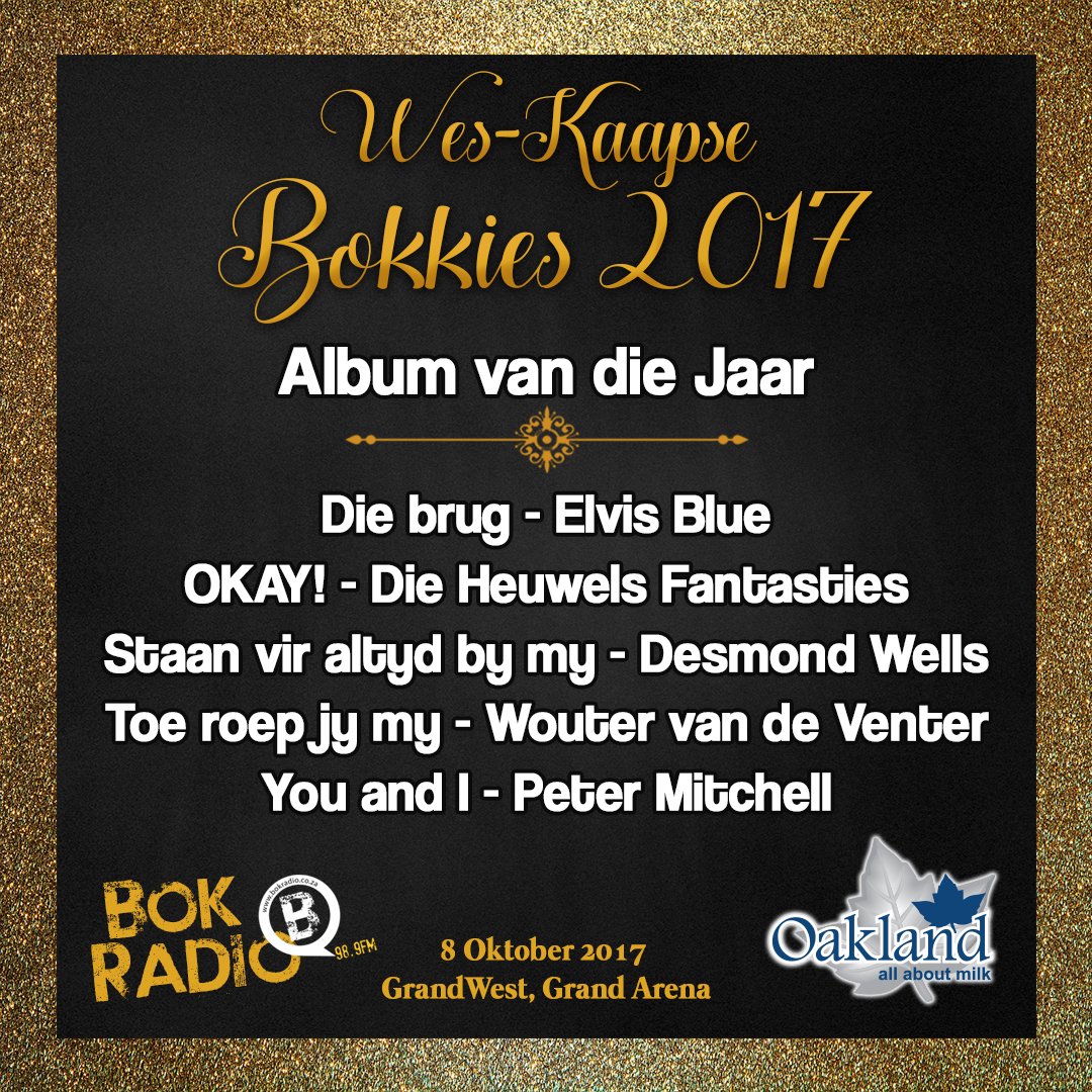 Geluk aan benoemdes vir Album v/d Jaar vir <a href="/BokRadio/">Bok Radio 98.9fm</a> Bokkies '17 
<a href="/elvisblue/">Elvis Blue</a>, <a href="/DieHeuwels/">Die Heuwels Fantasties</a>, <a href="/desmondwellssa/">Desmond Wells</a>, <a href="/woutervdventer/">Wouter van de Venter</a> @peter2mitchell