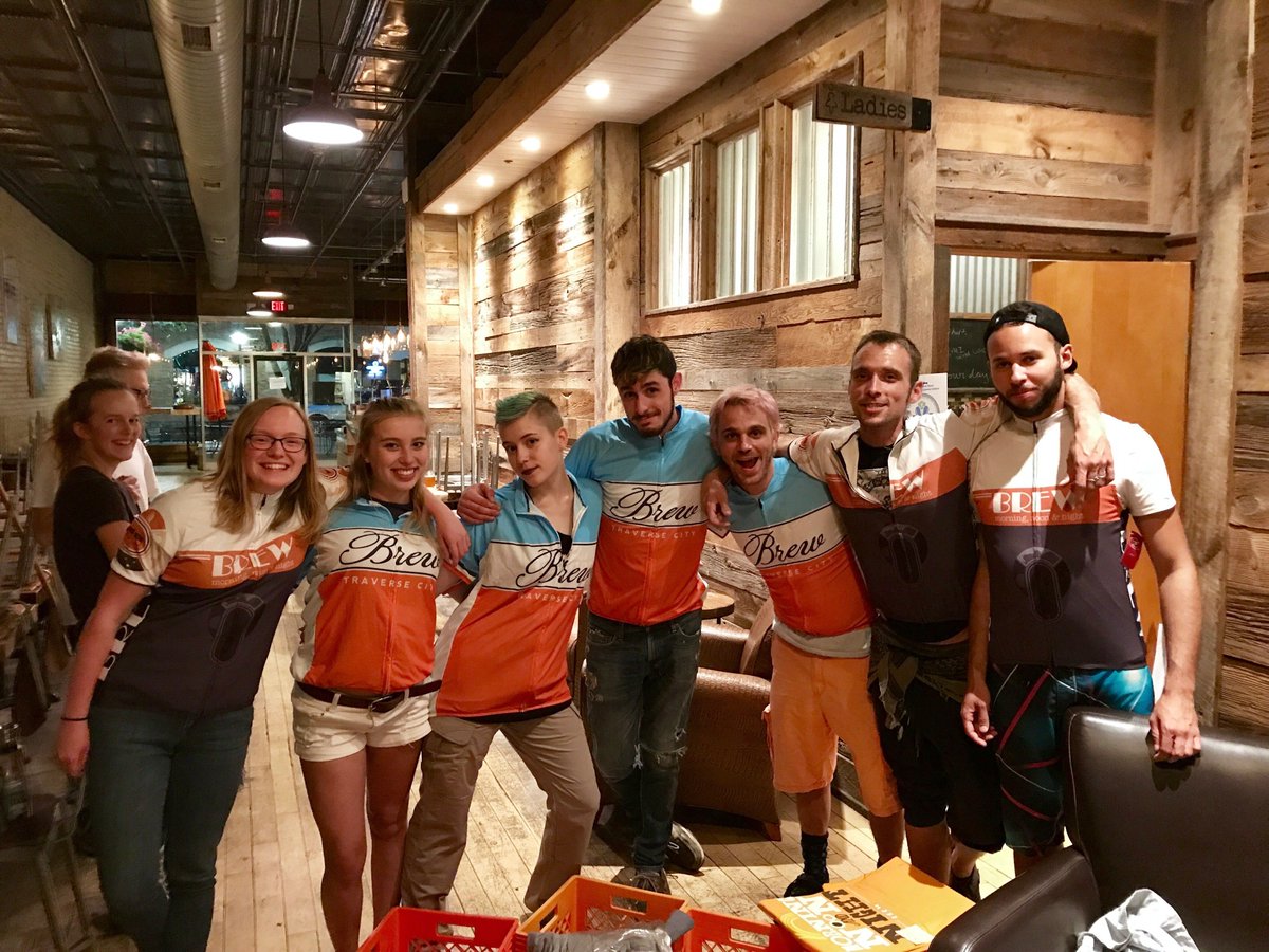 brewtc's tweet photo. Our crew stuck around late to clean last night. Team effort, team jerseys. Thanks guys! #brewtc #traversecity #downtowntc #coffee #caffeiene https://t.co/41pmfpkyUO