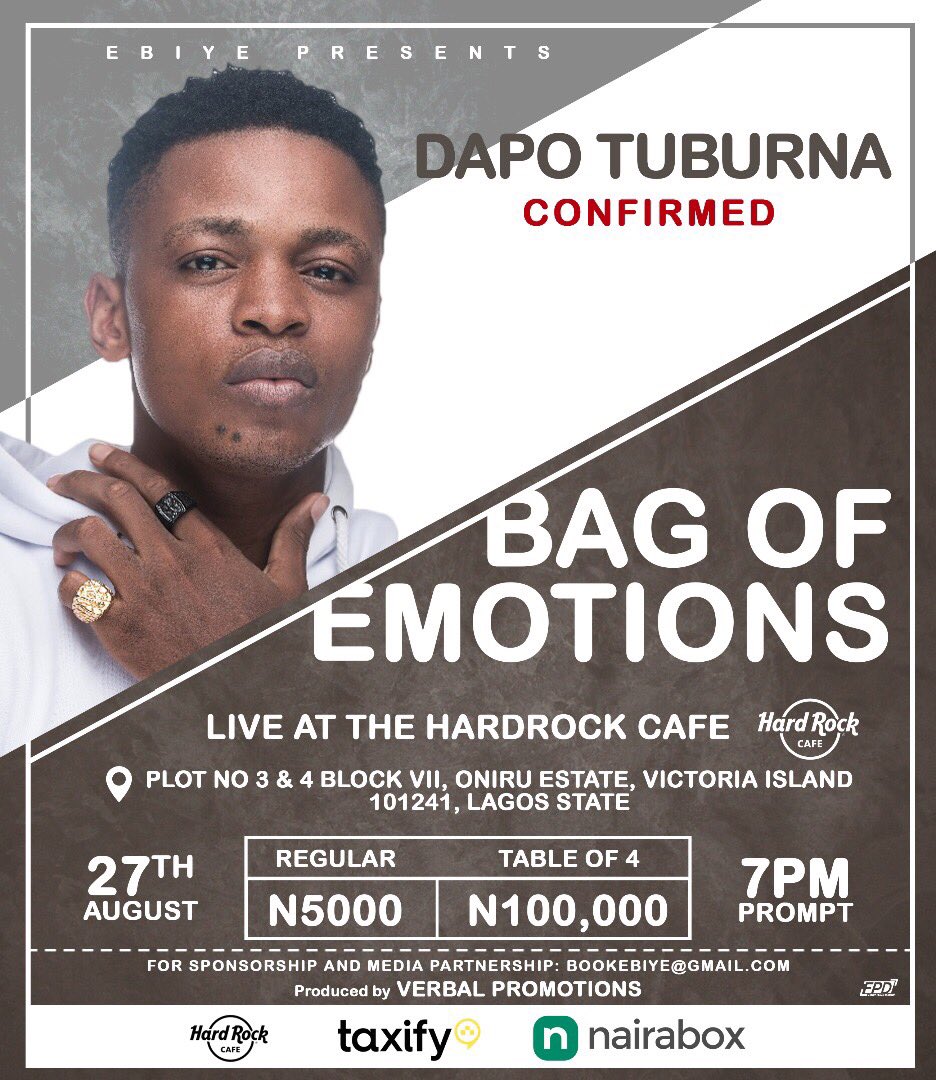 thezoneagency's tweet photo. @dapotuburna will be live at HardRock for @ComedianEbiye 's #BagsOfEmotions Cafe on the 27th of August don't miss this one https://t.co/NKL2n0rUTT