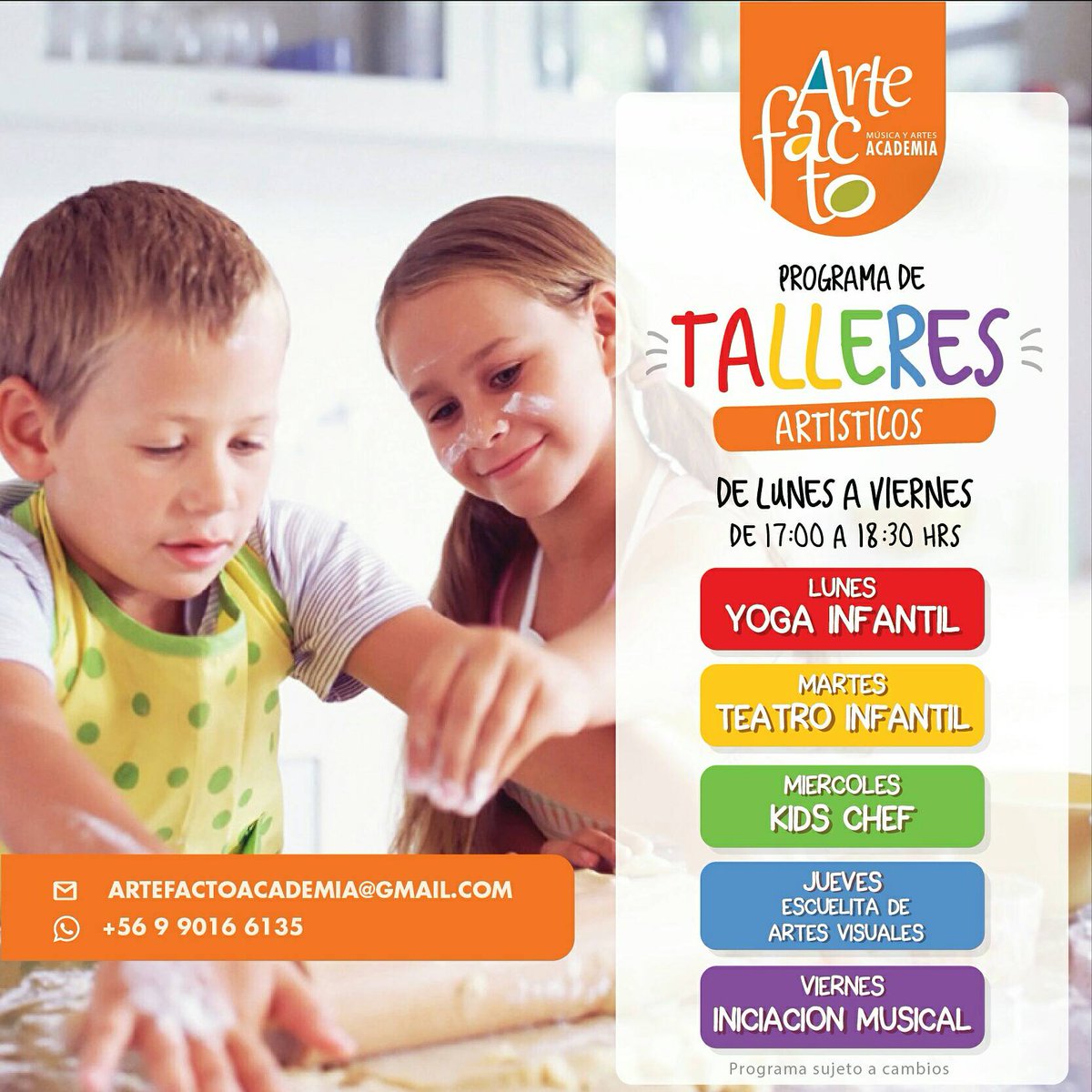 cafeartefacto's tweet photo. ✽✽ PROGRAMA DE TALLERES ARTISTICOS ✽✽ para niños de 4 a 7 años de Lunes a Viernes de 17:00 a 18:30  Cupos limitados. Whatsapp +569 90166135 https://t.co/oSqqe0cjnR
