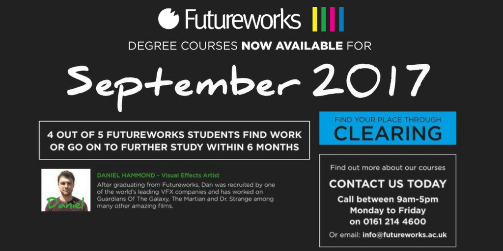 Futureworks_Mcr's tweet photo. Last few places remaining for 2017! https://t.co/FVx4CxLoMj #clearing #studymanchester https://t.co/Z8DFJ00NG1