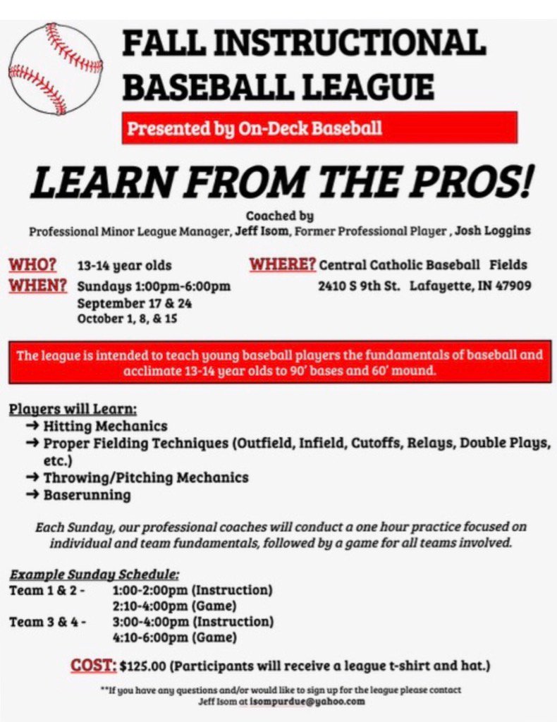Looking to add a few more players to our Fall Instructional League. Players will get lots of instruction. Sign up!