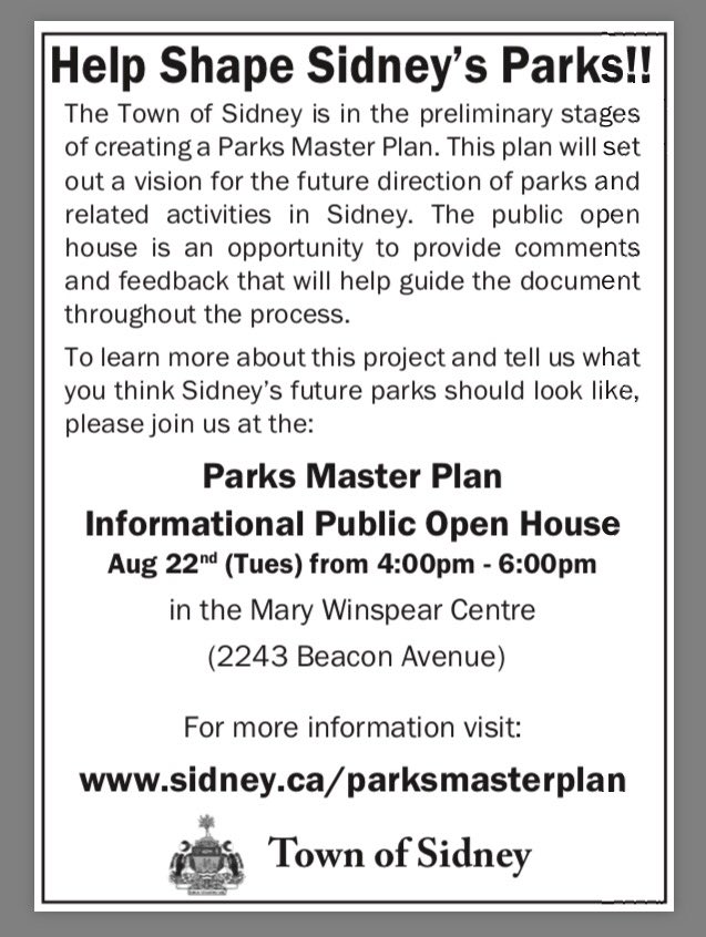 Can you spare some time this afternoon to provide feedback on the parks master plan? #thisissidney #ilovesidney #Sidneybc