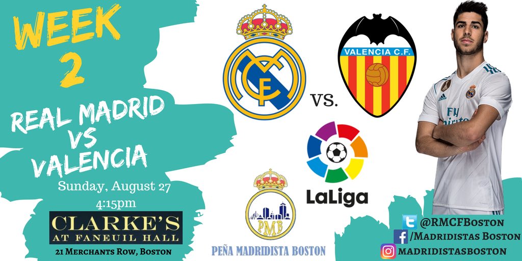 RMCFBoston's tweet photo. Vikingos! Join us 8/27 for week 2 matchup against @valenciacf! Kickoff is at 4pm @ClarkesFaneuil! See you there! #halamadrid #peñaboston https://t.co/Q9cm2NA6ZV