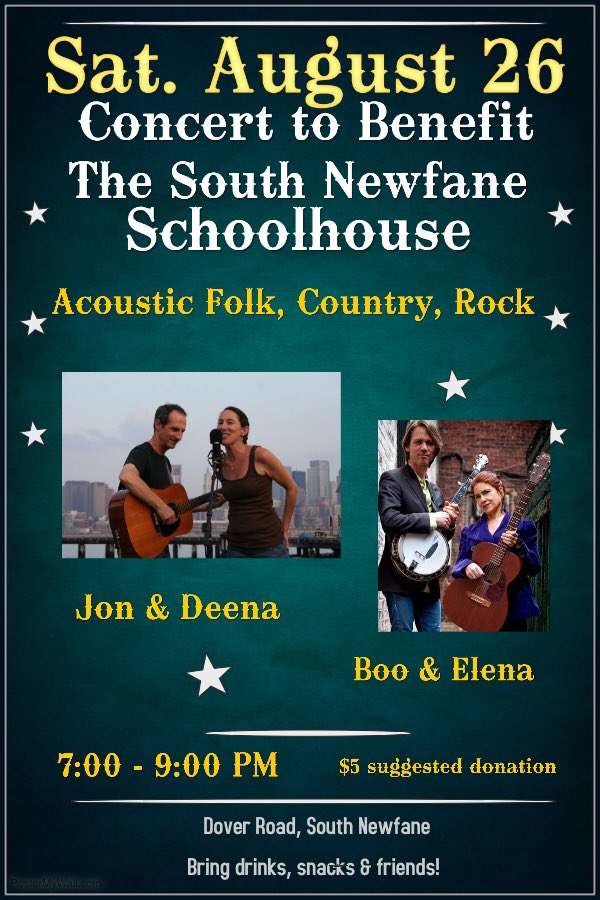 This Sat, Aug 26 7pm, S.Newfane VT. Good music for a good cause! See poster for details. <a href="/DeenaJill/">Deena Campbell</a> <a href="/ElenaandBoo/">DemolitionStringBand</a>