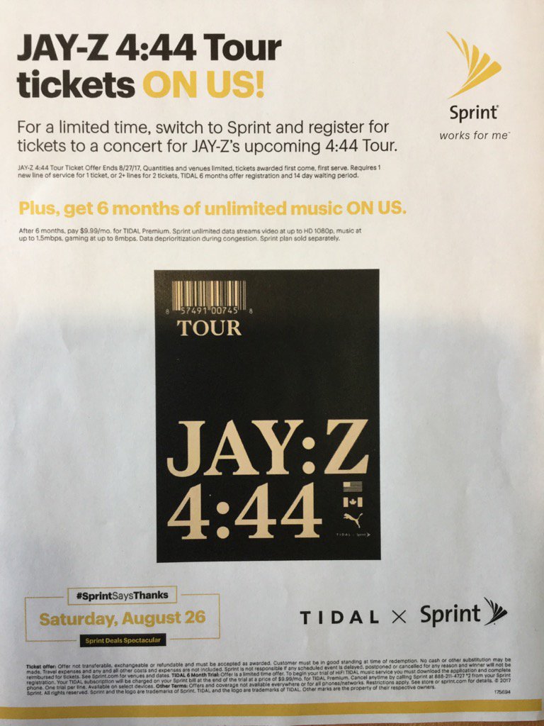 Saugus386's tweet photo. Join #Sprint and get 2 FREE Jay-Z #4:44 tour tickets while supplies last! Saturday August 26 ONLY!!! https://t.co/E3cZSwDvEy