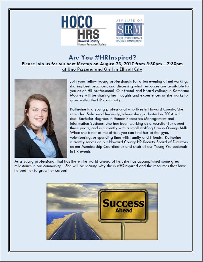 HoCoHRS's tweet photo. Tomorrow join us for #HRInspired for our #YP Networking! @Unos Ellicott City, MD 5:30pm Free food! #networking #HR #MentoringRocks https://t.co/r2diPh7bFM