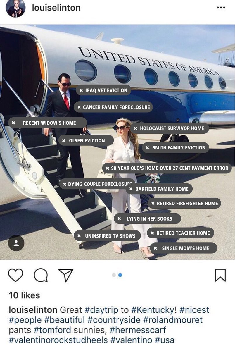 WorkingFamilies's tweet image. Louise Linton, wife of foreclosure bankster @stevenmnuchin1 tagged brands on her Instagram. We tagged how she bought them.