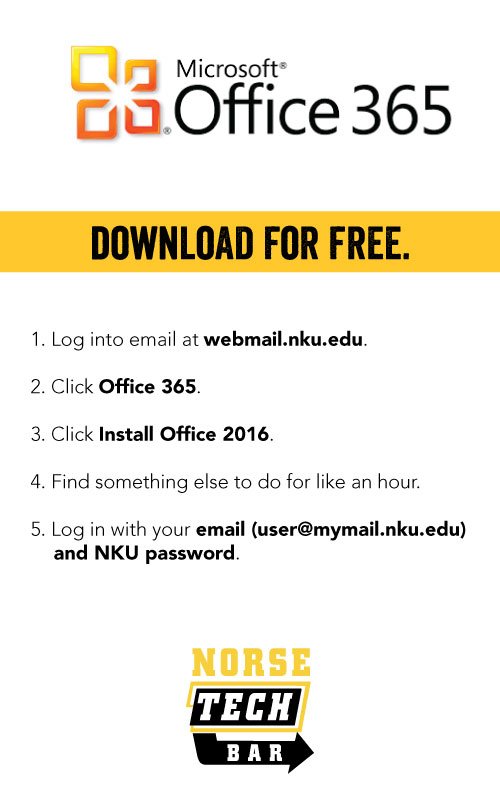 nkutechbar's tweet photo. Students download Microsoft Office 365 for free. #NKU #techknows Pls retweet this to help fellow students! https://t.co/dJdjHfVnCo