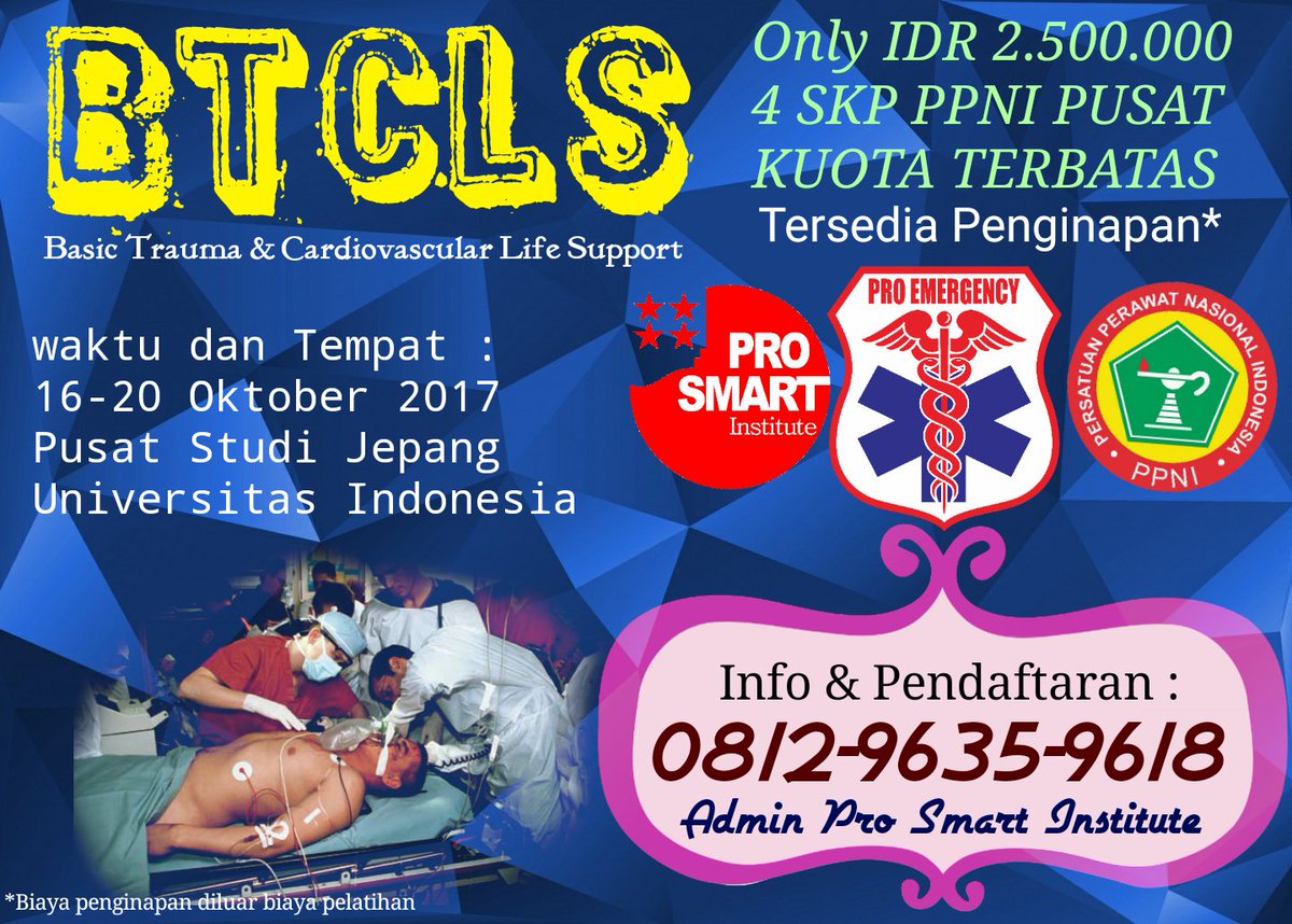 ProSmart_inst's tweet photo. Pelatihan BTCLS untuk perawat di Pusat Studi Jepang, Universitas indonesia.
Daftar via WA : 081606359618 https://t.co/2UqiufNtnc
